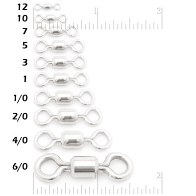 Swivels without snap, sizes 12 thru 12/0, to scale